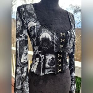 NWT Widow Dolls Kill Victorian Ghost Print Bell Sleeve Top